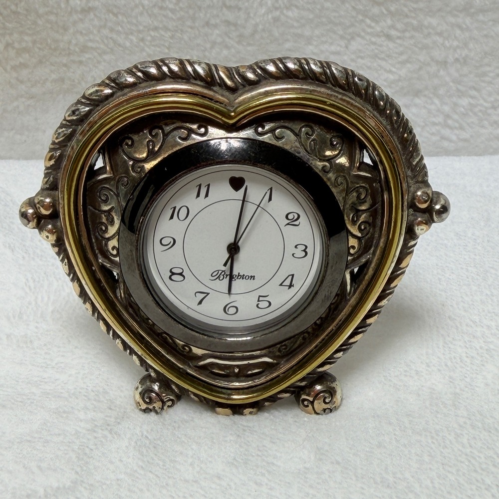 Brighton Heart Desk Clock Silver "Time Is Life's Heartbeat" Vintage‎ Two Tone